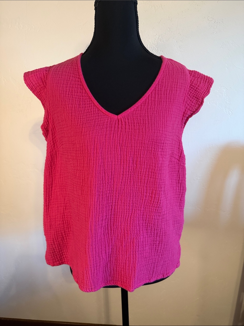 Three Dots Textured V-Neck Tank in Hot Pink